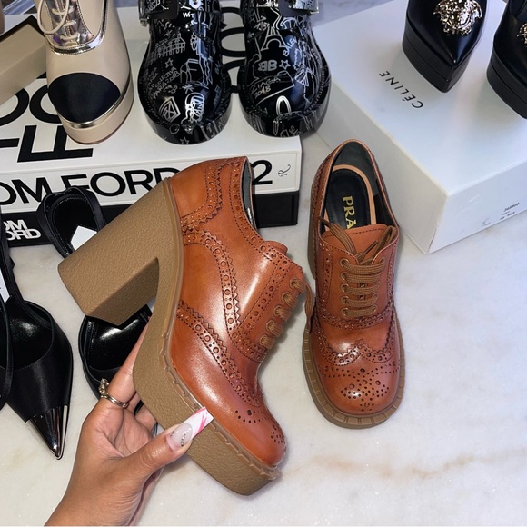 Prada Shoes - PRADA Platform Lace-Up Oxford Perforated Ankle Boot in Terracotta Brown Leather